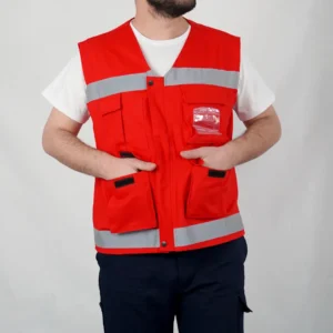 Reflektörlü Çok Cepli Haritacı Yeleği - Kırmızı
