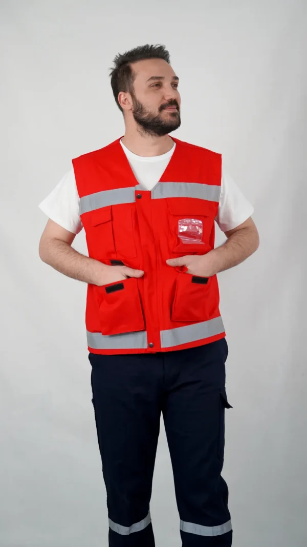 Reflektörlü Çok Cepli Haritacı Yeleği - Kırmızı
