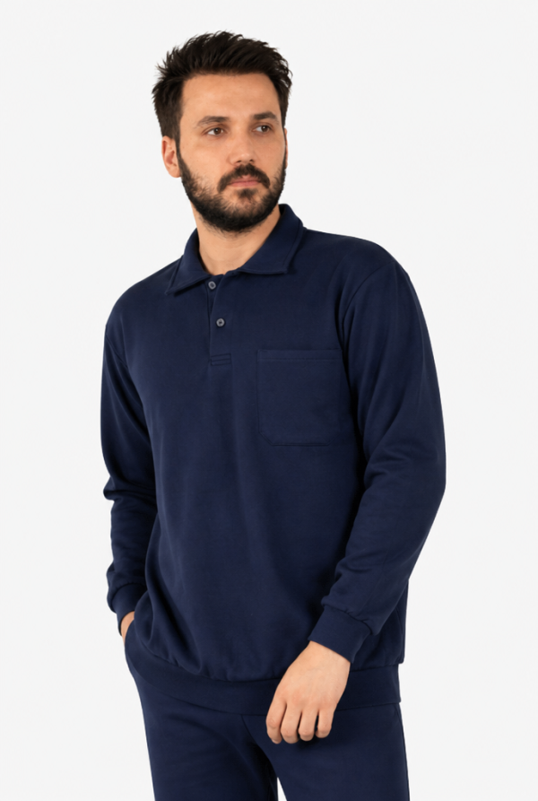 Polo Yaka Cepli Sweatshirt İki İplik Şardonlu