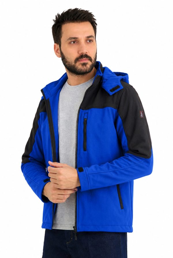 Çift Renkli Kapüşonlu Softshell Mont - Saks Mavi